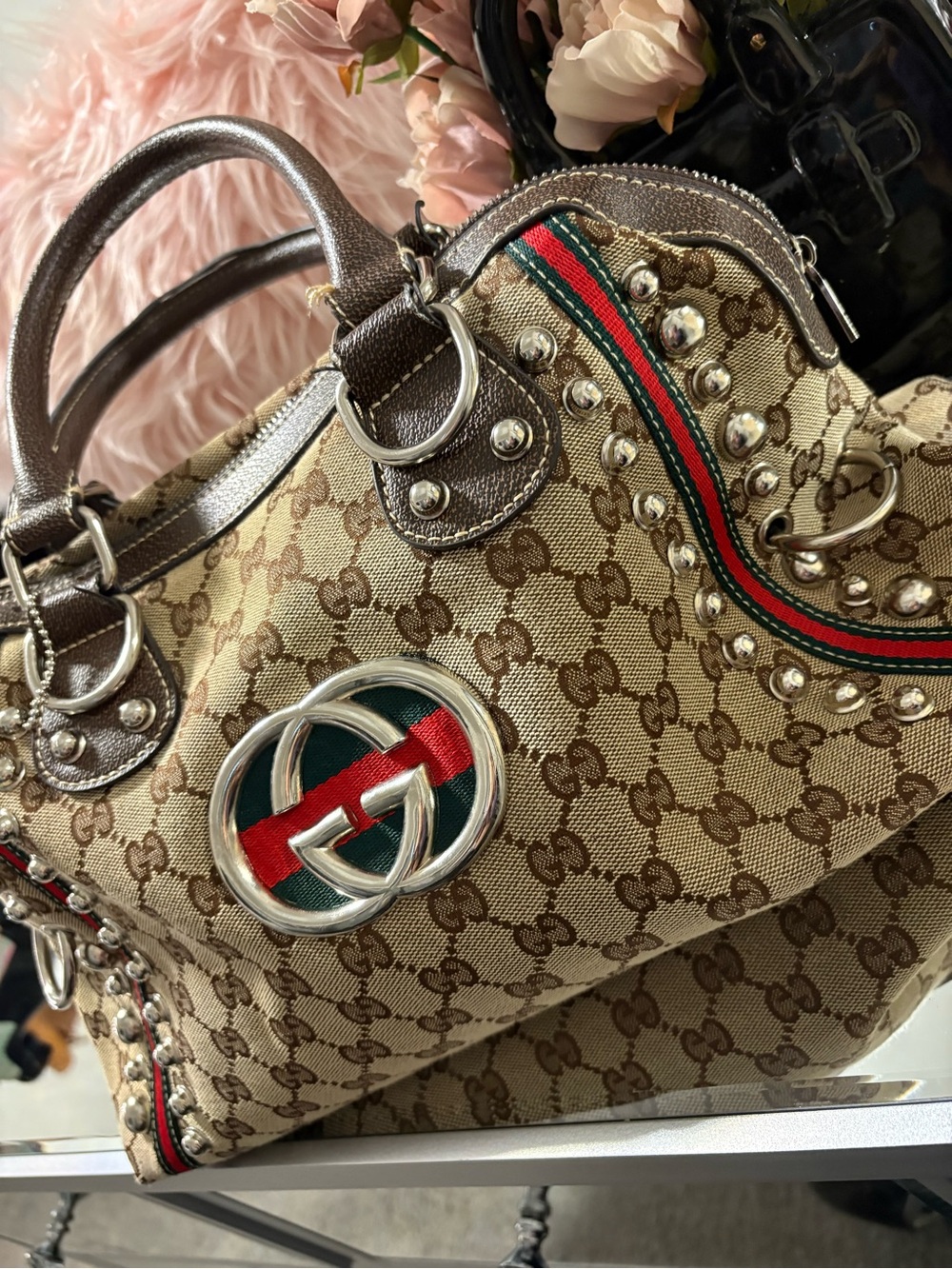 Brown GG Canvas Studded Satchel with Red & Green Web - Picture 5 of 12
